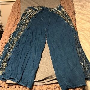 Blue Wide-Leg Pants with Gold Embroidered Details